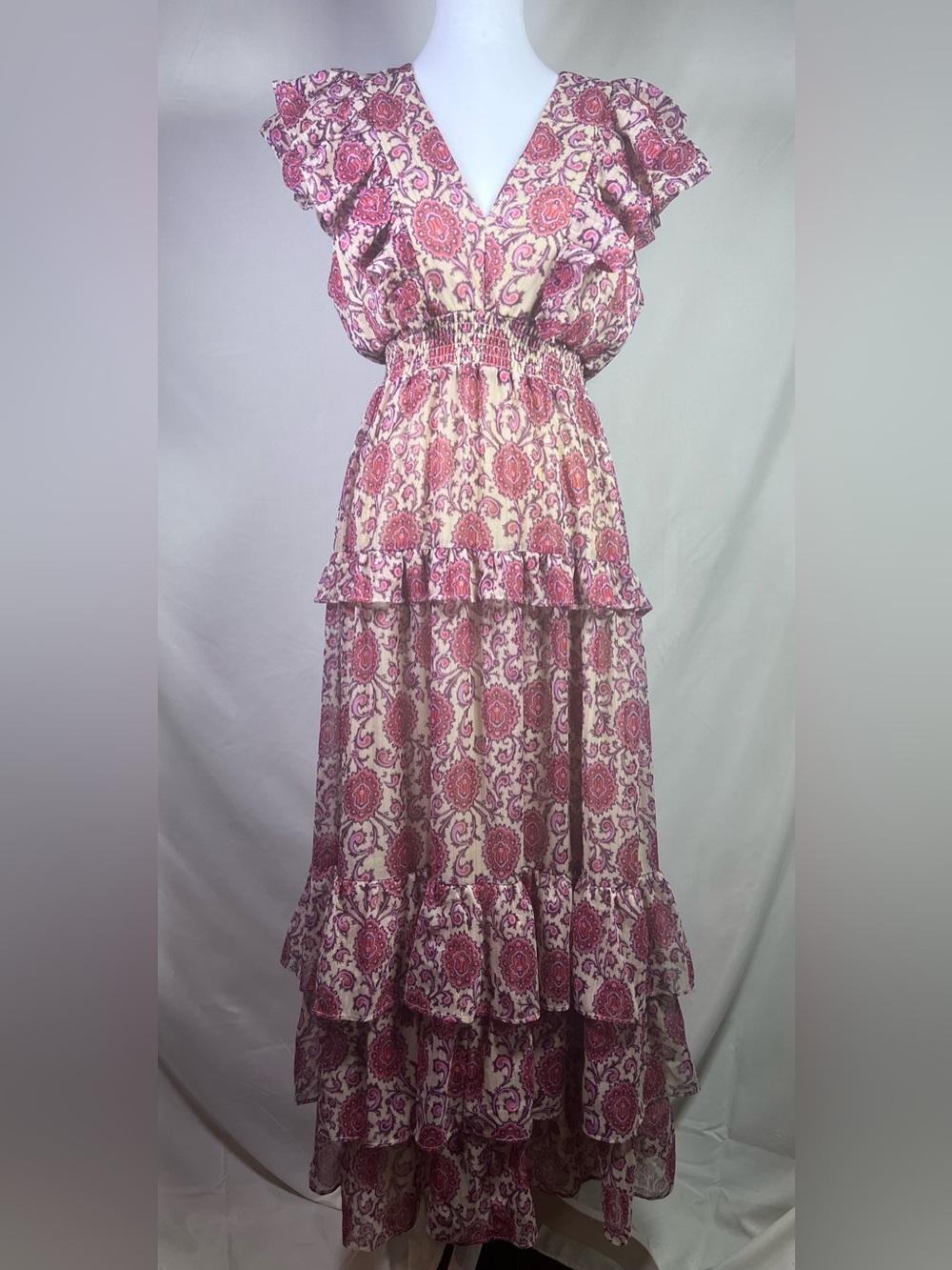 Koko + Mason Boho Pink Paisley Tiered Tie Back Cream Ruffled Maxi Dress